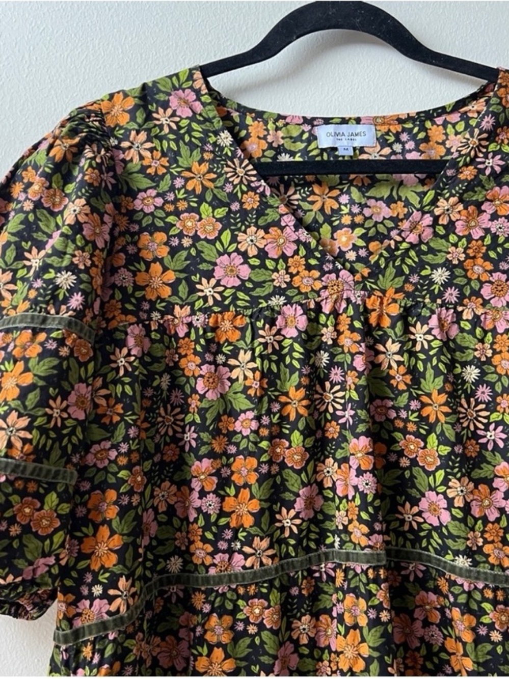 Olivia James Floral Midi Dress in Black with Pink & Orange Flowers